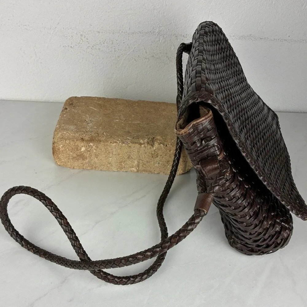 Talbots Brown Woven Leather Crossbody - Medium - Braided Strap Boho Classic Luxe